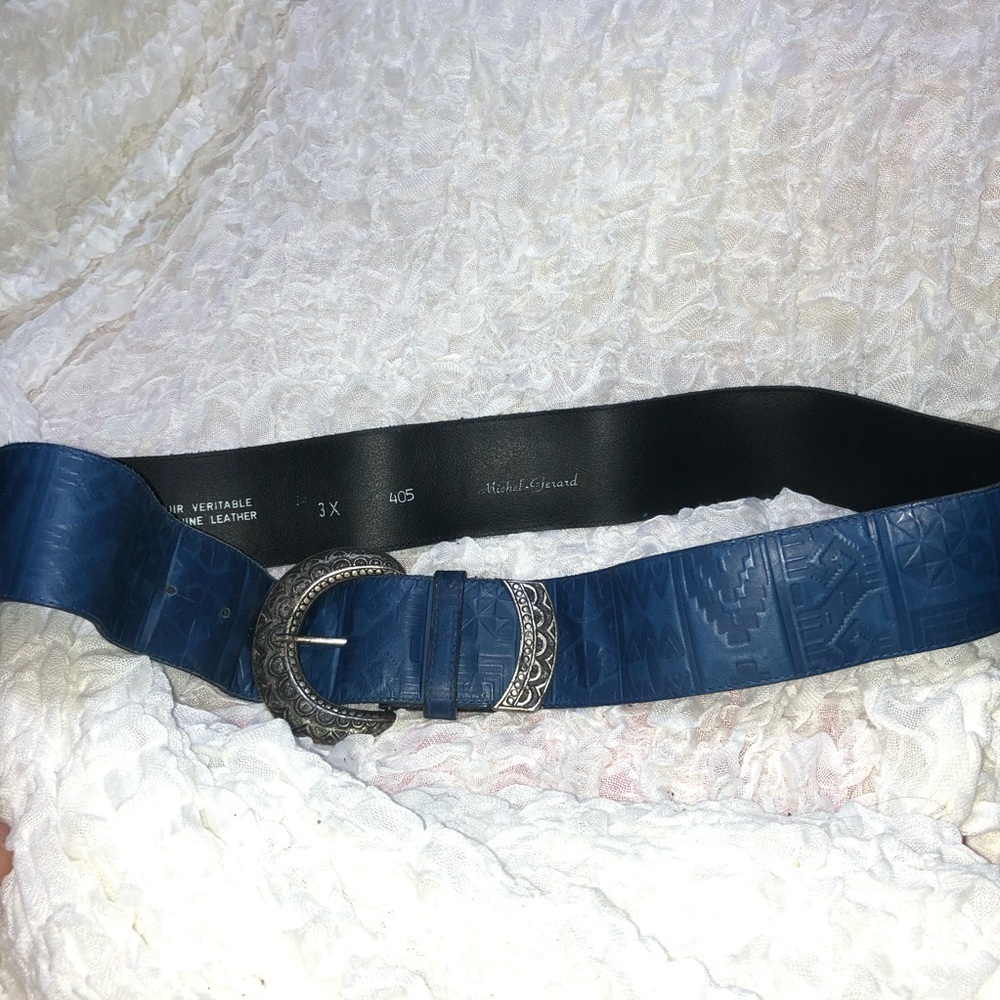 Michael Gerard size 3x Blue Embossed Leather Belt with Silver Buckle- used